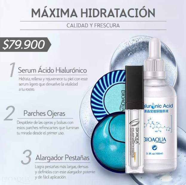 Trio Sérum, Parches hidratantes y Suero alargador de pestañas BIOAQUA